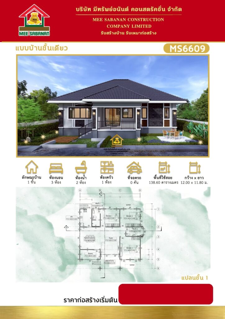 แบบบ้าน MS6609 บ้านชั้นเดียวสไตล์โมเดิร์นคอนเทมโพรารี – 3 ห้องนอน 2 ห้องน้ำ พื้นที่ใช้สอย 138.60 ตารางเมตร
