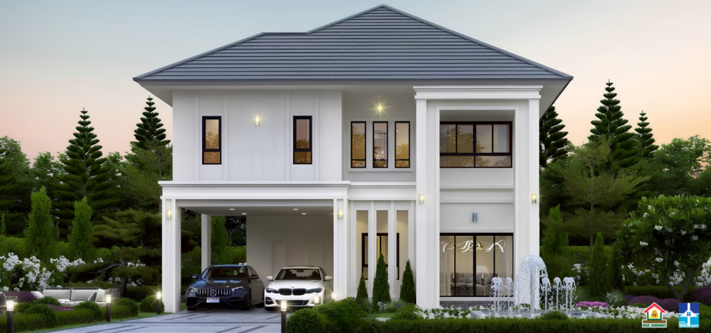 รายละเอียด แบบบ้าน MS6720 บ้าน 2 ชั้นสไตล์โมเดิร์นคลาสสิกคอนเทมโพรารี – โอ่อ่า สง่างาม พร้อมที่จอดรถในร่ม 2 คัน