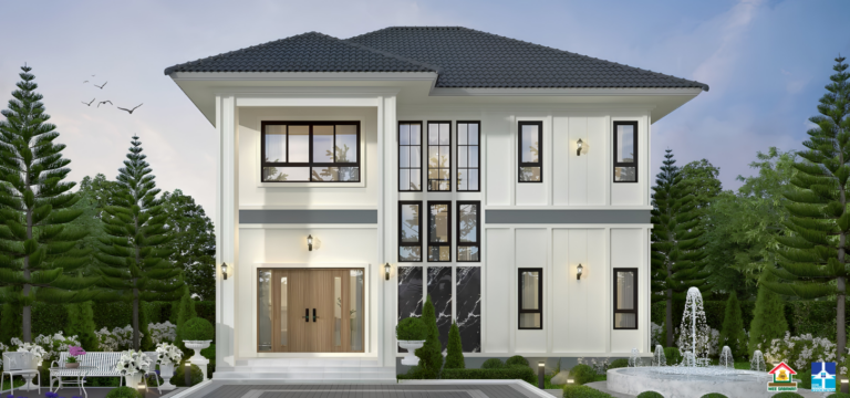 รายละเอียด แบบบ้าน 2 ชั้นสไตล์โมเดิร์นคลาสสิกคอนเทมโพรารี – โอ่อ่า สง่างาม เหนือกาลเวลา