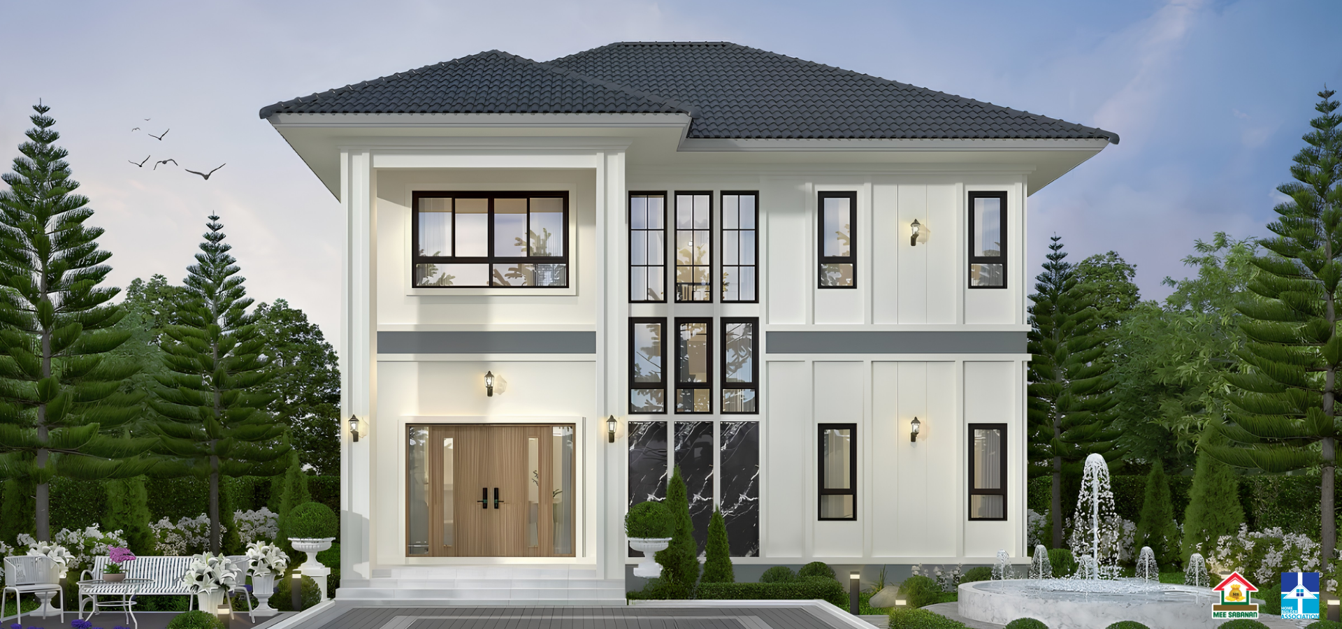 รายละเอียด แบบบ้าน 2 ชั้นสไตล์โมเดิร์นคลาสสิกคอนเทมโพรารี – โอ่อ่า สง่างาม เหนือกาลเวลา
