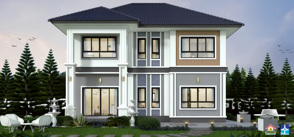 รายละเอียด แบบบ้าน MS6803 บ้าน 2 ชั้นสไตล์คอนเทมโพรารีผสมมูจิ – 5 ห้องนอน 3 ห้องน้ำ พื้นที่ใช้สอย 185 ตารางเมตร