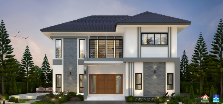 รายละเอียด แบบบ้าน MS6808 บ้าน 2 ชั้นสไตล์โมเดิร์นคอนเทมโพรารี – 4 ห้องนอน 5 ห้องน้ำ 1 ห้องครัว พื้นที่ใช้สอย 232 ตารางเมตร