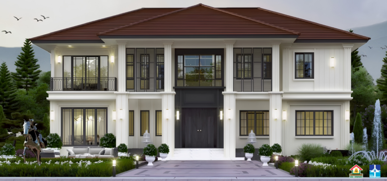รายละเอียด แบบบ้าน MS6818 บ้าน 2 ชั้นสไตล์โมเดิร์นคลาสสิกลักชัวรี – 4 ห้องนอน 5 ห้องน้ำ 1 ห้องครัว พื้นที่ใช้สอย 457 ตารางเมตร