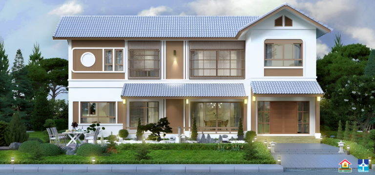 รายละเอียด แบบบ้าน MS6825 บ้าน 2 ชั้นสไตล์มินิมอลเจแปนดีผสมร่วมสมัย – 4 ห้องนอน 3 ห้องน้ำ 1 ห้องครัว พื้นที่ใช้สอย 210 ตารางเมตร