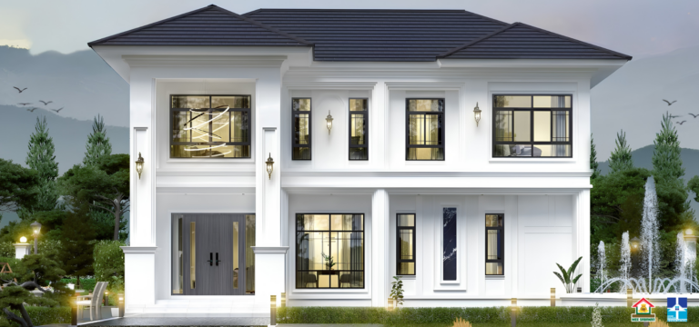 รายละเอียด แบบบ้าน MS6826 บ้าน 2 ชั้นสไตล์โมเดิร์นคลาสสิกคอนเทมโพรารี – 4 ห้องนอน 4 ห้องน้ำ 1 ห้องครัว พื้นที่ใช้สอย 194 ตารางเมตร