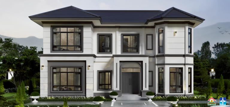 รายละเอียด แบบบ้าน MS6836 บ้าน 2 ชั้นสไตล์คอนเทมโพรารีผสมคลาสสิกยุโรป – 5 ห้องนอน 3 ห้องน้ำ 1 ห้องครัว พื้นที่ใช้สอย 169 ตารางเมตร