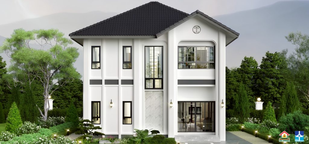 รายละเอียด แบบบ้าน MS6904 บ้าน 2 ชั้นสไตล์โมเดิร์นคอนเทมโพรารีผสมคลาสสิก – 4 ห้องนอน 3 ห้องน้ำ 1 ห้องครัว พื้นที่ใช้สอย 165 ตารางเมตร